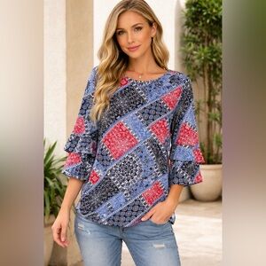 Ruby Rd. Textured Patchwork Flutter Sleeve Top - Red White Blue - Size M